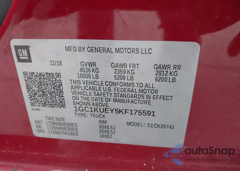 2019 Chevrolet Silverado 2500Hd High Country из США, поврежденный, VIN 1GC1KUEY5KF175591